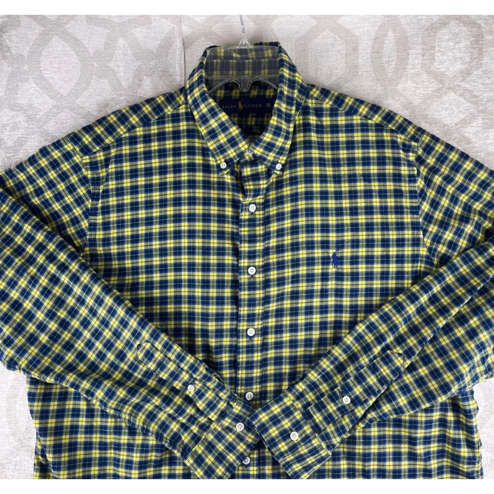 Polo‎ Ralph Lauren Plaid Shirt Mens XL Yellow Navy Blue Classic Fit Cotton
